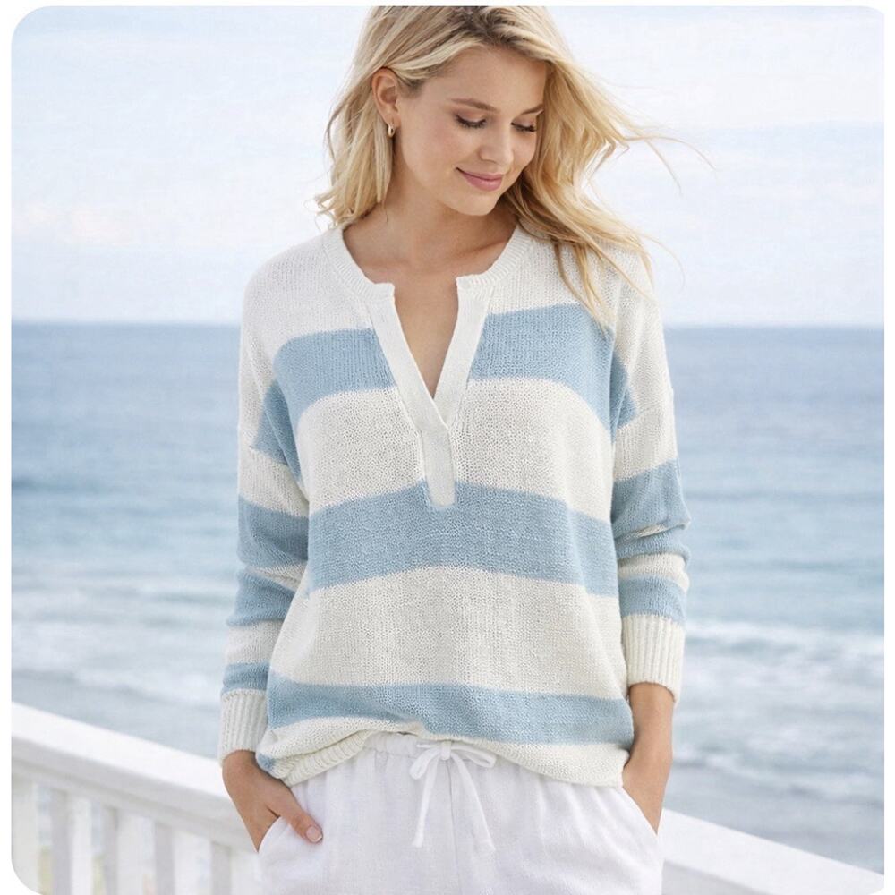 Haven Well Within Sz L Blue Striped V neck Linen, Org Cotton Coastal LS Sweater